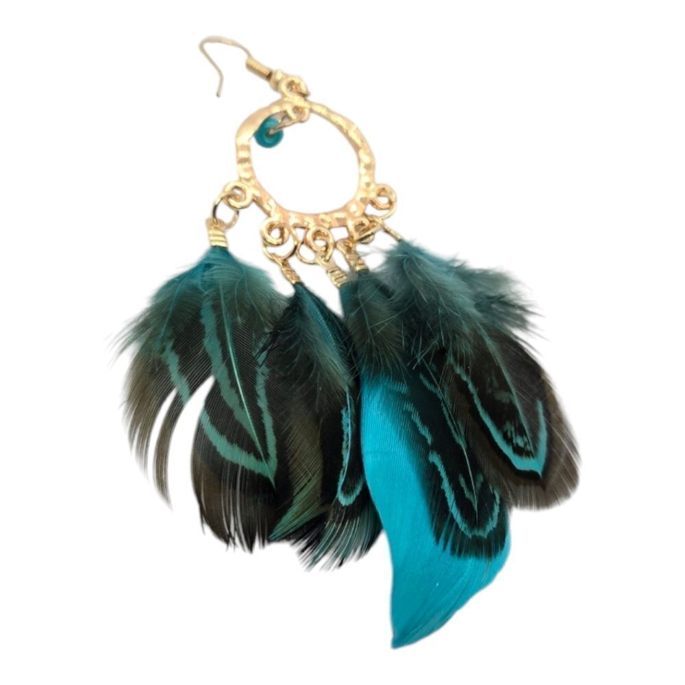 Teal Feather Tassel Earrings Boho Tribal Statement Western Gypsy Dangle Jewelry - Picture 5 of 5